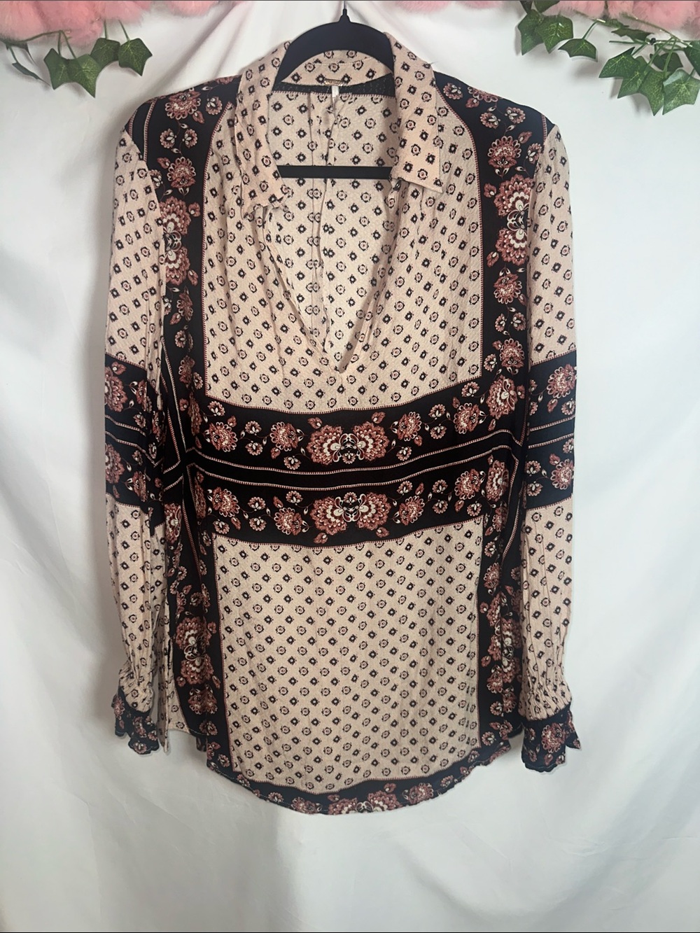 Free People Cream and Black Floral Panel Blouse
